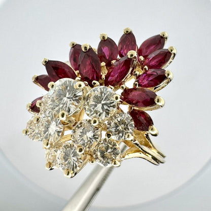 Vintage 18K Yellow Gold Round Diamond Marquise Lab Created Ruby Waterfall  Ring