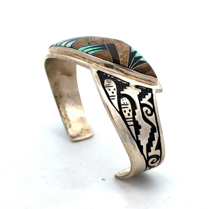 Calvin Begay Sterling Silver Mixed Gemstone Inlay Open Storyteller Cuff Bracelet