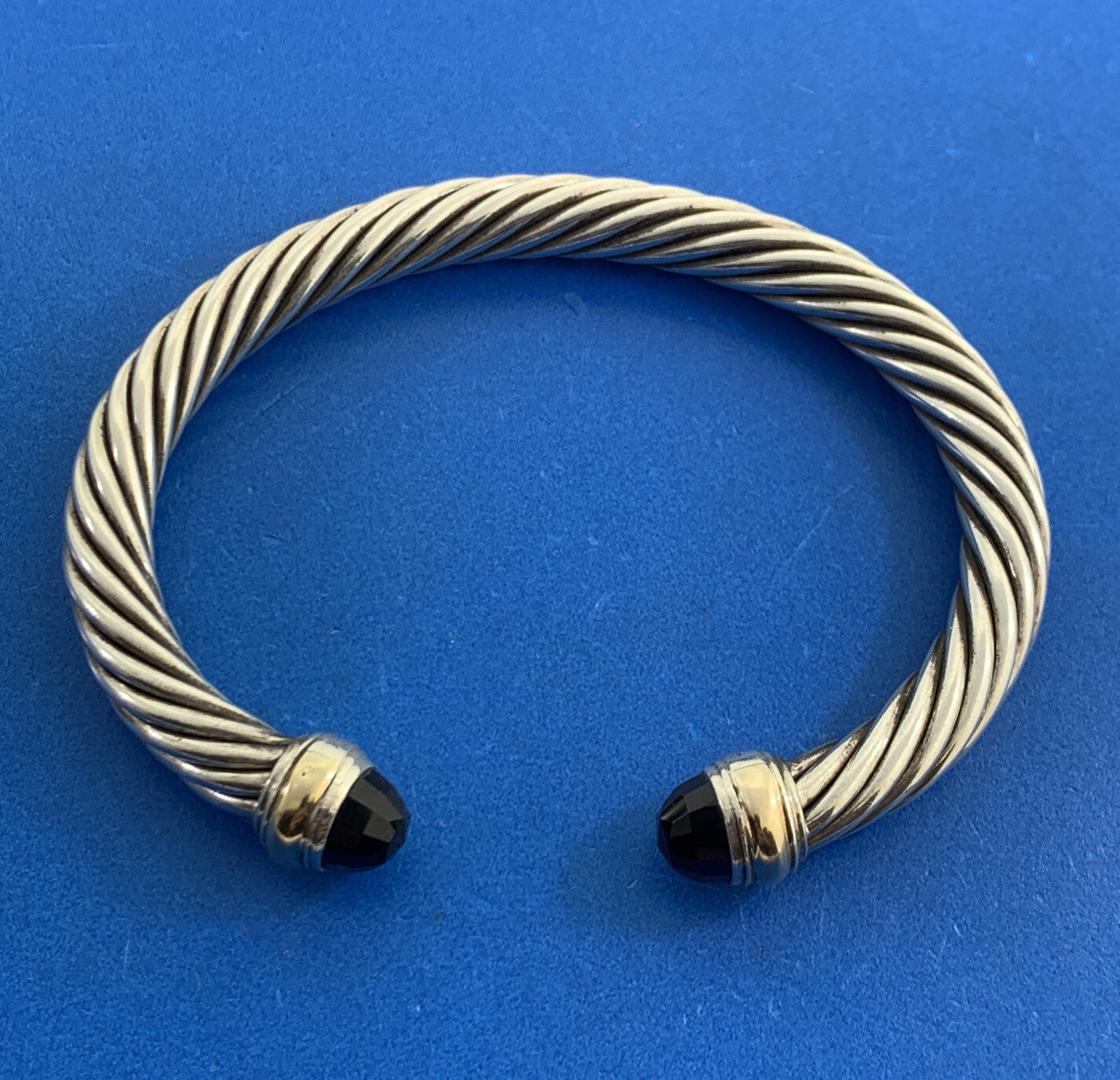 David Yurman 925 Sterling Silver 14K Gold Onyx Cable Classics Open Cuff Bracelet