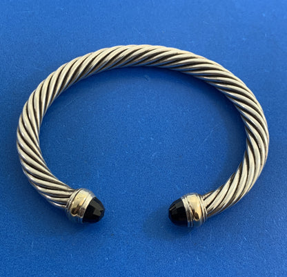 David Yurman 925 Sterling Silver 14K Gold Onyx Cable Classics Open Cuff Bracelet