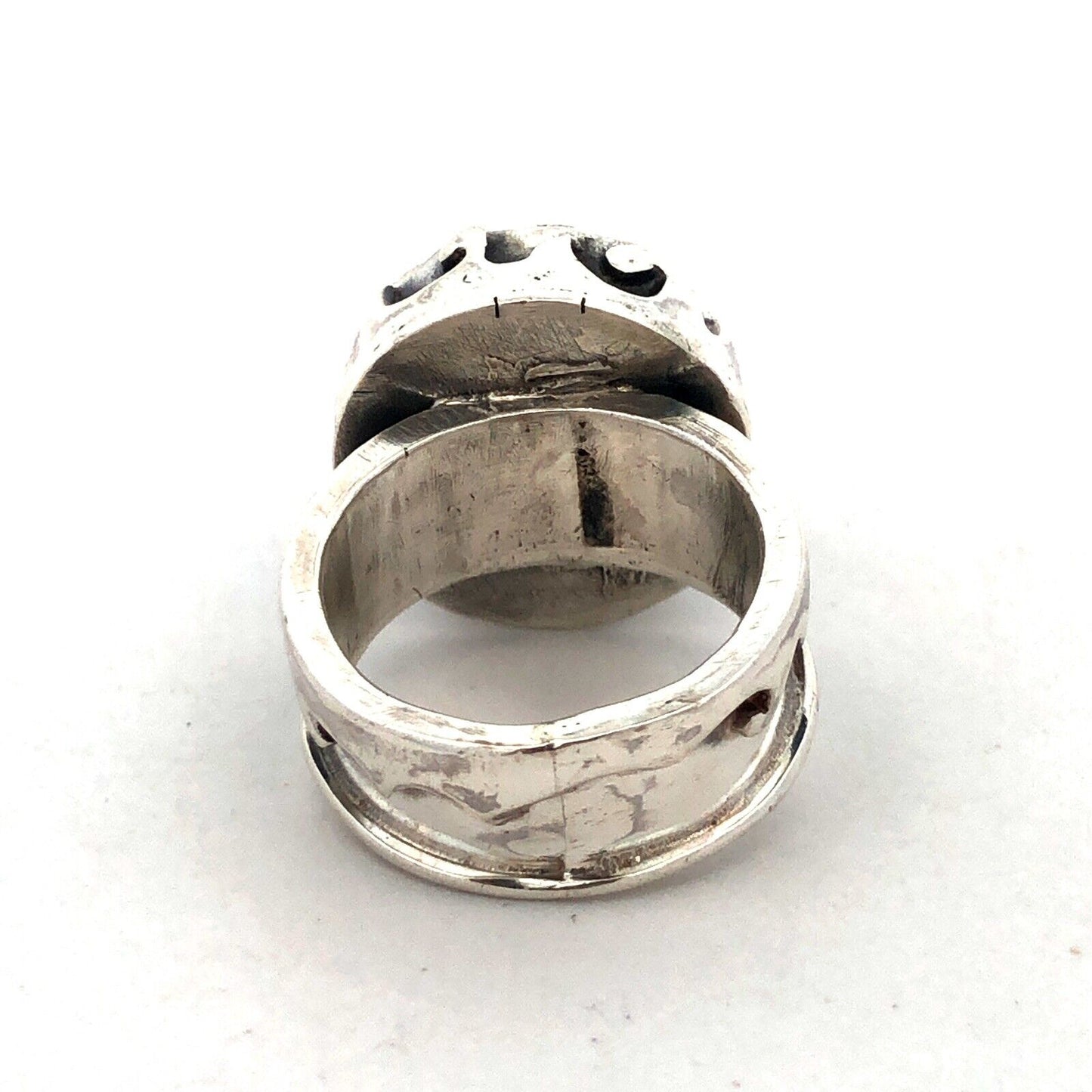 Vintage 925 Sterling Silver Round Grey Spiral Shell Wave Beach Statement Ring