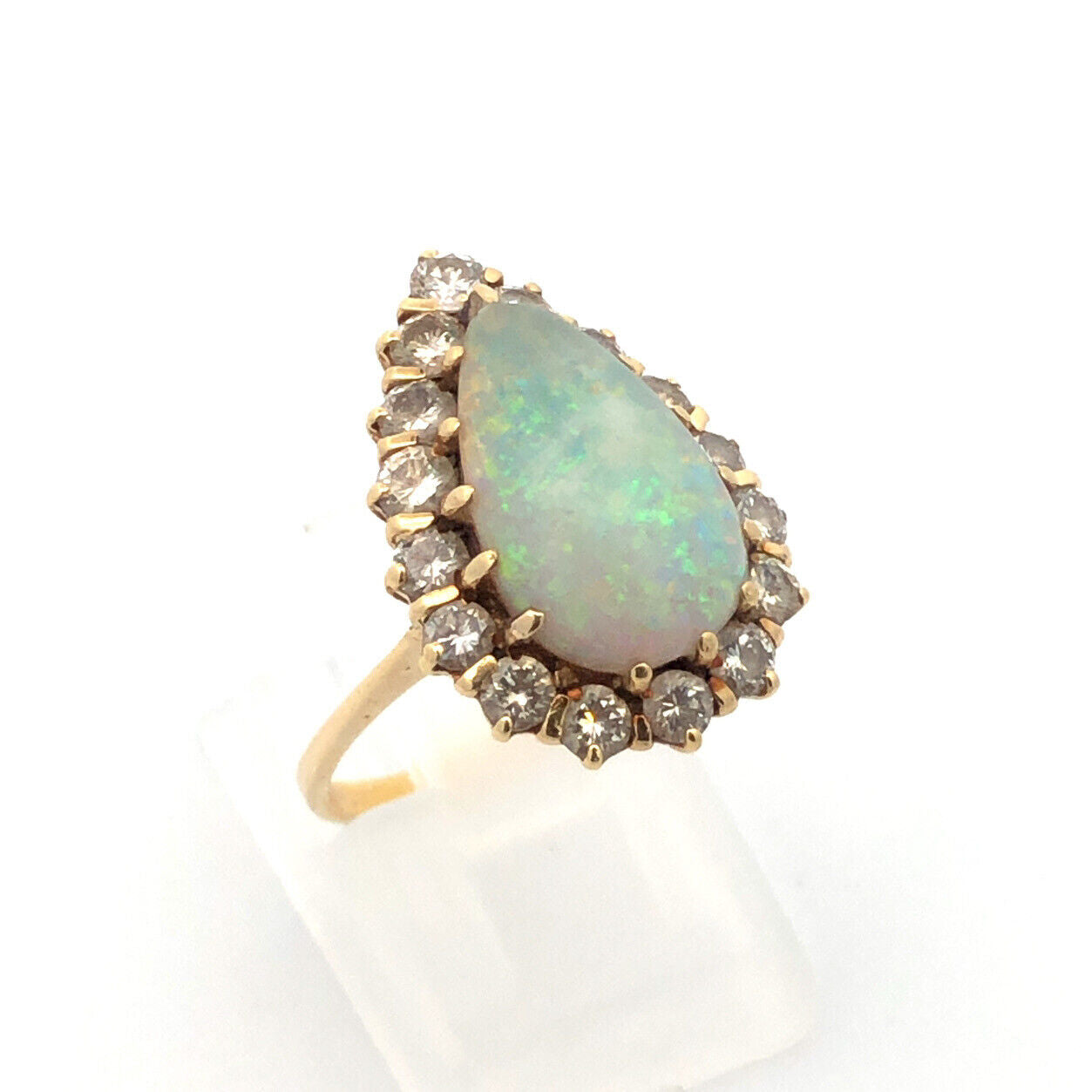 Vintage 14K Yellow Gold Pear Opal Cabochon Diamond Halo Cocktail Ring