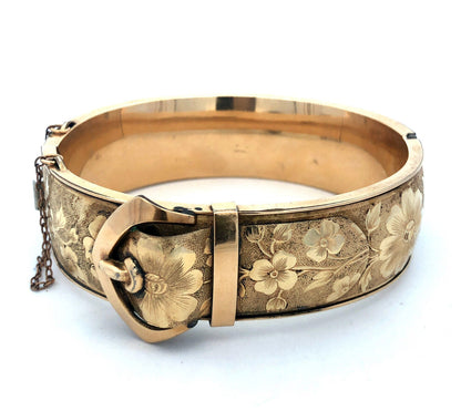 Antique F.M.Co 12K Yellow Gold Filled Floral Belt Buckle Hinged Bangle Bracelet
