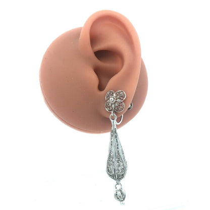 Vintage 925 Sterling Silver Intricate Filigree Floral Dangle Screw Back Earrings