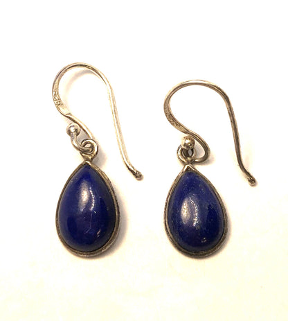 Vintage 925 Sterling Silver Pear Shape Lapis Lazuli Hook Dangle Earrings