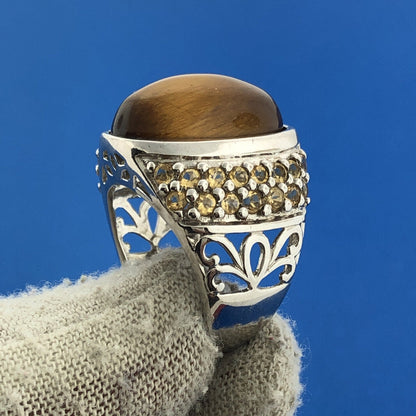 Designer GRP Sterling Silver 925 Tigers Eye Topaz Statement Cocktail Ring
