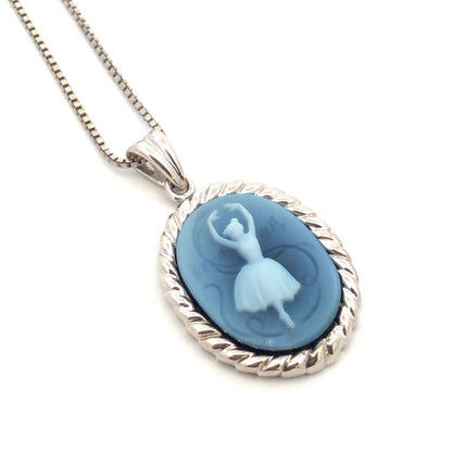 Designer 925 Sterling Silver Oval Blue Cameo Ballerina Dancer Pendant Necklace