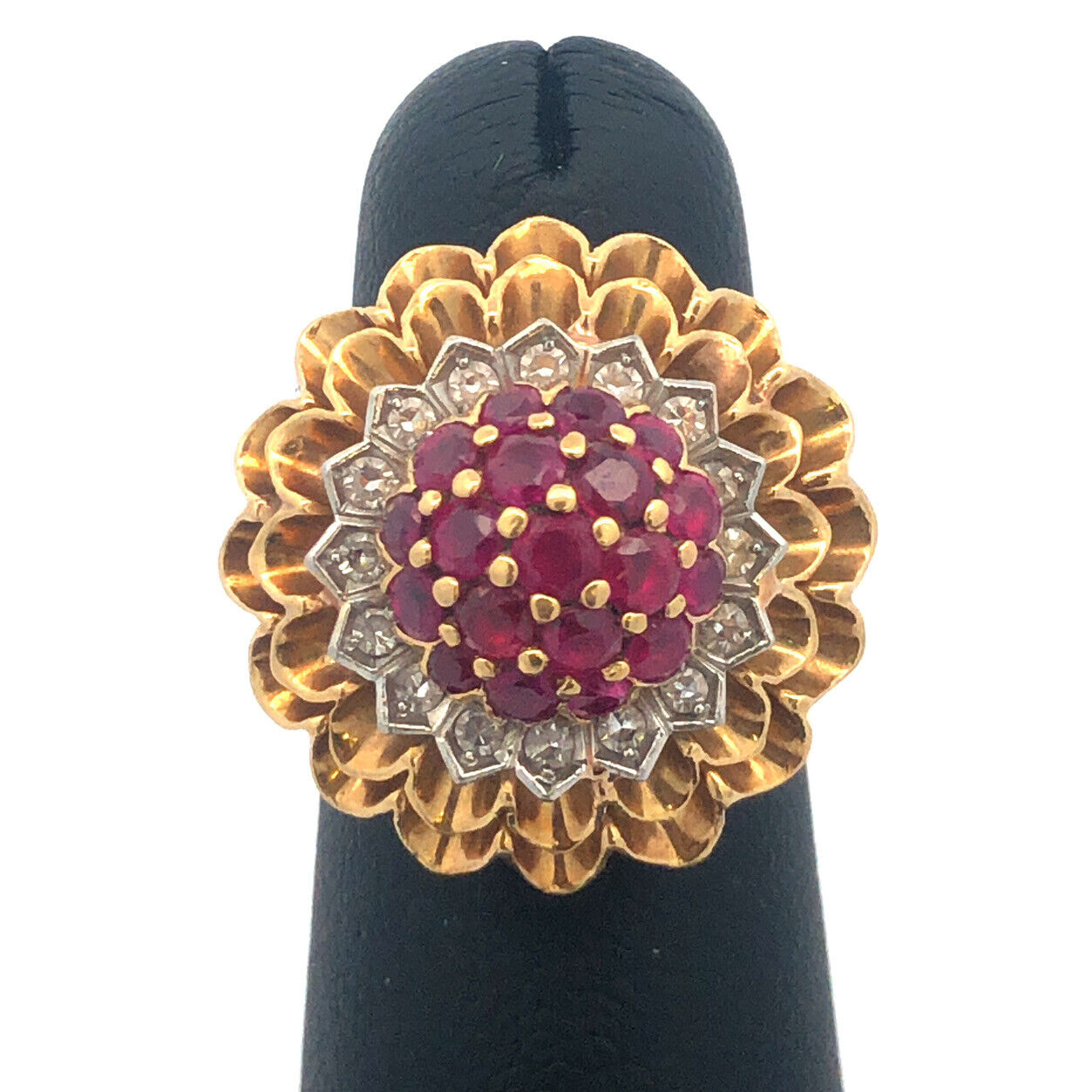 Vintage Artisan 18 Yellow Gold Ruby Diamond Cluster Dome Statement Cocktail Ring
