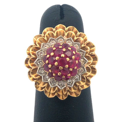 Vintage Artisan 18 Yellow Gold Ruby Diamond Cluster Dome Statement Cocktail Ring