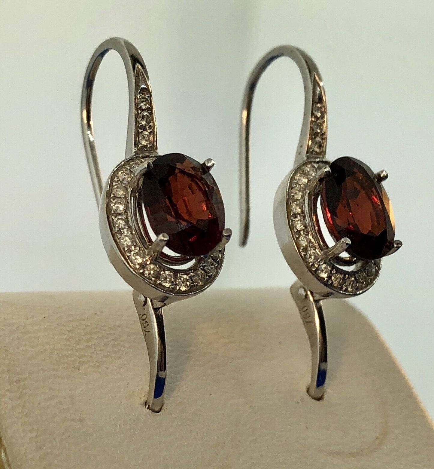 Gorgeous 18k White Gold Oval Red Garnet Diamond Halo Leverback Drop Earrings