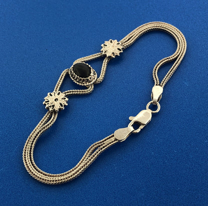 Art Deco Style 925 Sterling Silver Black Onyx Enamel Double Strand Bracelet