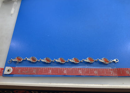 Vintage 925 Sterling Silver Oval Amber Cabochon Station Tennis Bracelet