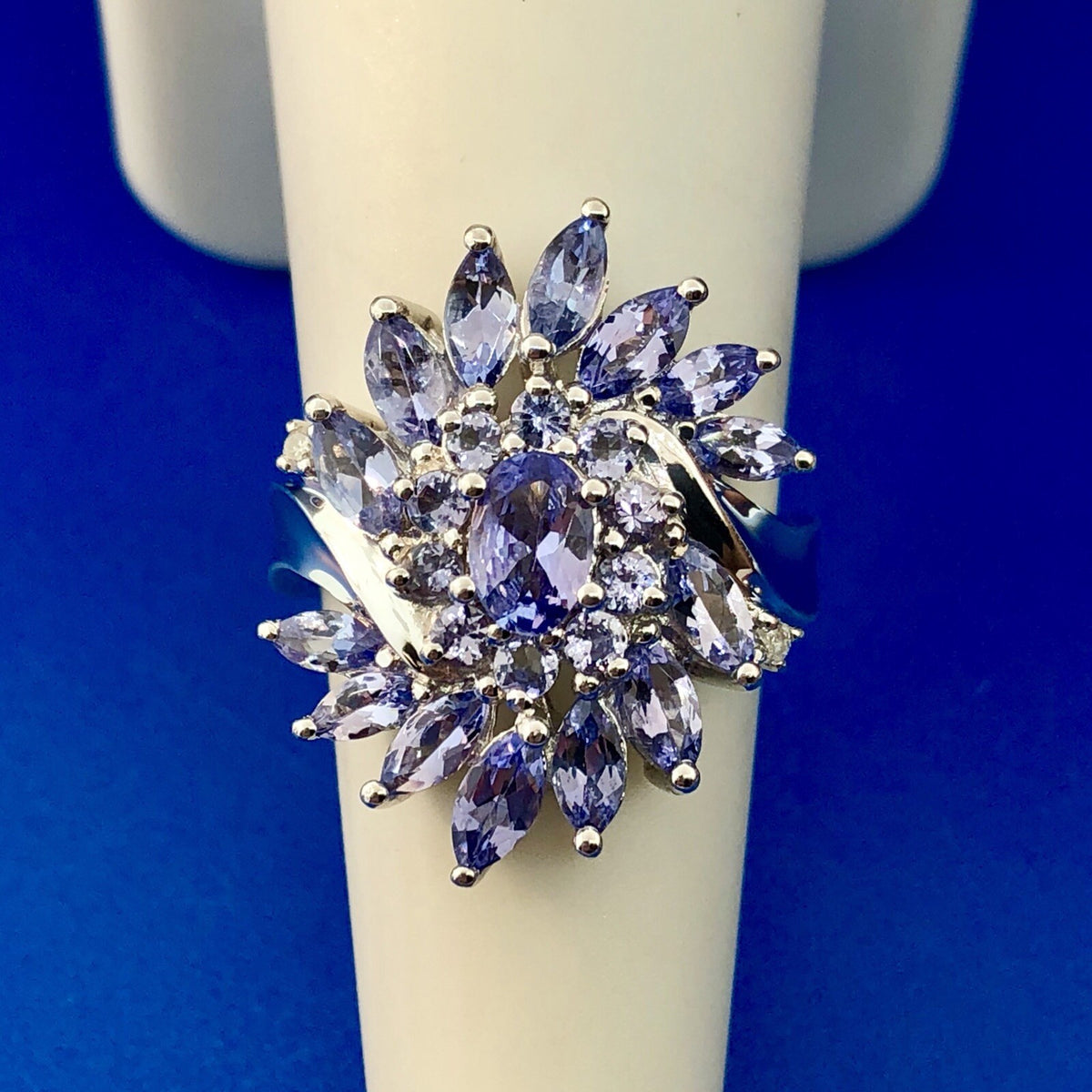 Stunning Designer JS 925 Sterling Silver Tanzanite Diamond Floral Cluster Ring