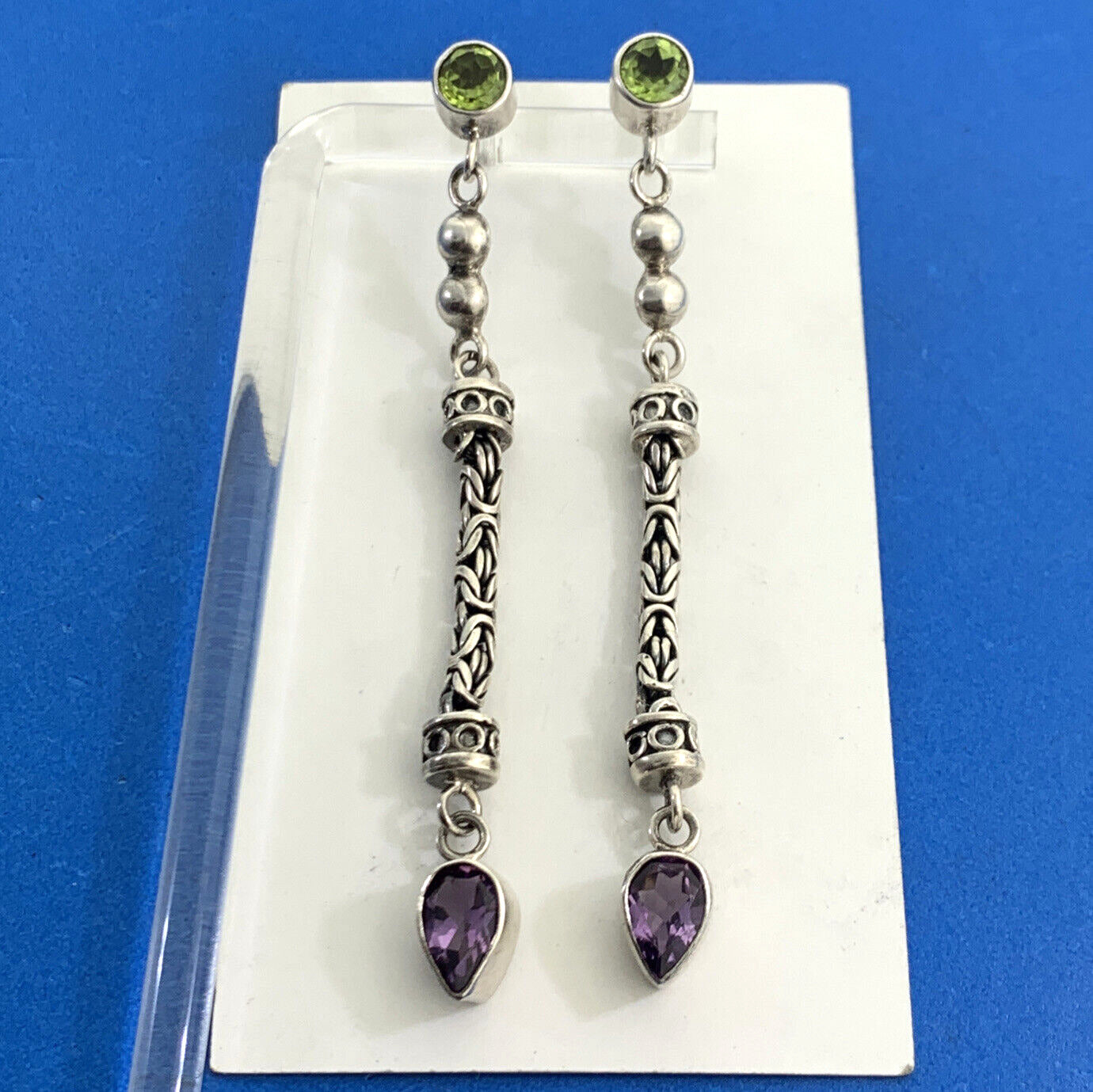 Peridot and Amethyst 925 Sterling Silver Round Chain Dangle Stud Earrings