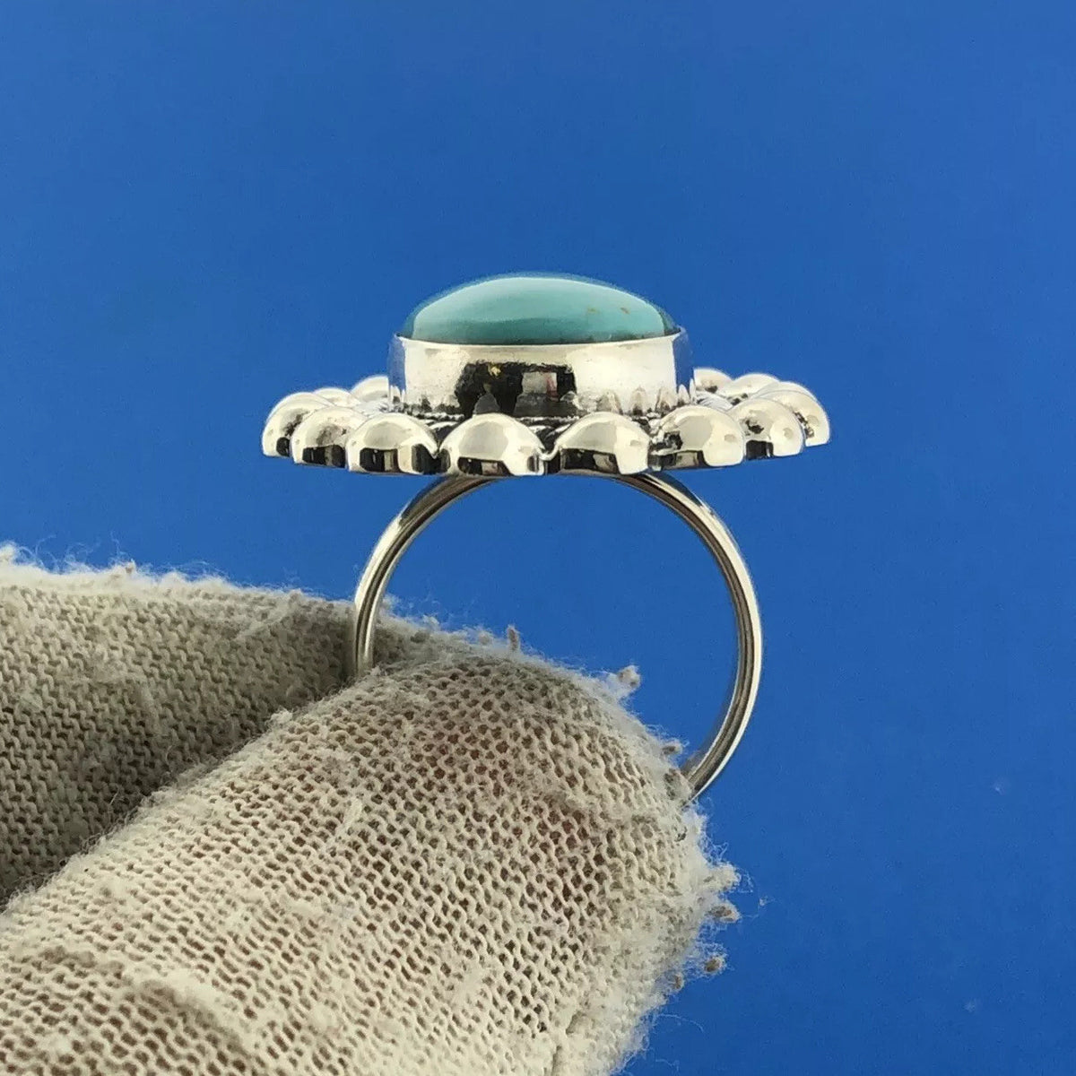 MWS Mexican Sterling Silver 925 Oval Cabochon Turquoise Statement Ring Size 6