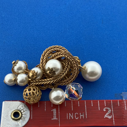 Vintage Gold Tone Faux Pearl Crystal Bead Knotted Rope Statement Clip Earrings