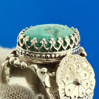 925 Sterling Silver Oval Turquoise Cabochon Romanesque Statement Ring