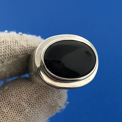 ESPO 925 Sterling Silver Oval Black Onyx Cabochon Statement Unisex Dome Ring