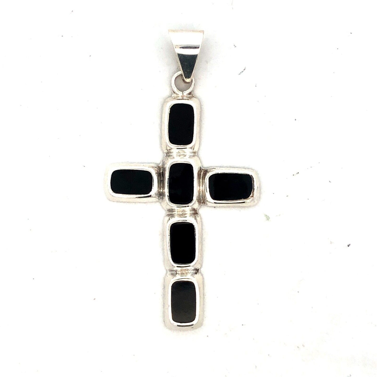 Vintage 925 Sterling Silver Rectangle Black Onyx Bezel Cross Pendant