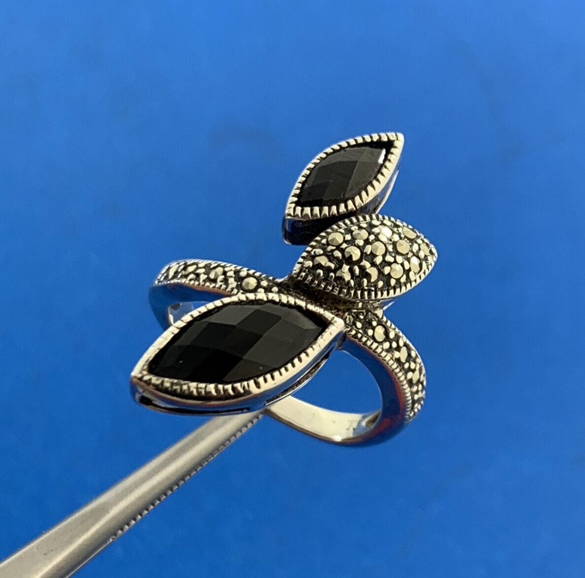 Designer 925 Sterling Silver Faceted Black Onyx Marquise Marcasite Accented Ring