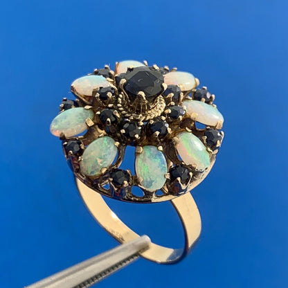 Estate 14K Yellow Gold Sapphire Opal Princess Empire Stacked Dome Cocktail Ring