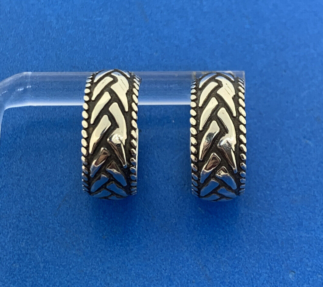 Estate Sterling Silver 925 14K Yellow Gold Weave Bead Design 5/8" Hoop Earrings
