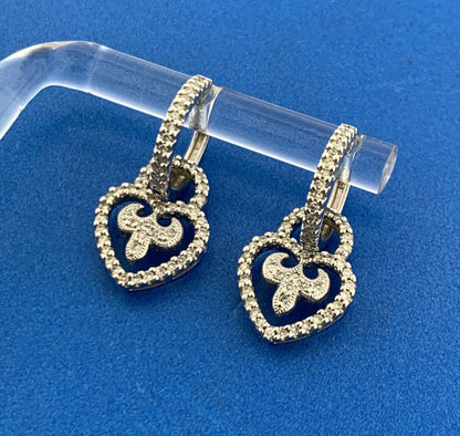 Michael Cristoff 18K  White Gold Diamond Fleur De Lis Heart Drop Dangle Earrings