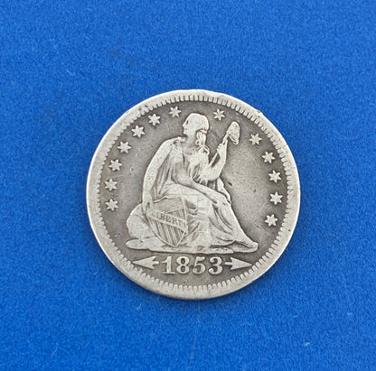 1853 25c Arrows & Rays Seated Liberty Quarter 90% Silver Rare Date Type Coin