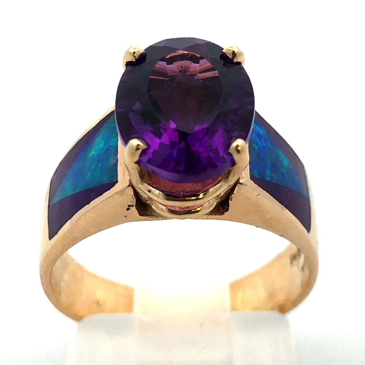 Vintage 14K Yellow Gold Oval Amethyst Opal Inlay Purple Enamel Cocktail Ring