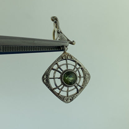 Art Deco 14K White Gold Peridot August Anniversary Filigree Scroll Drop Pendant