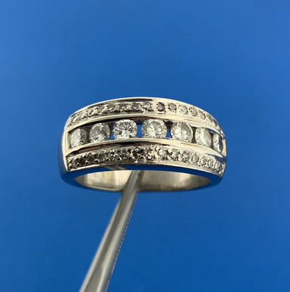 10K White Gold Channel Set Diamond Pave Accented Wide Anniversary Ring