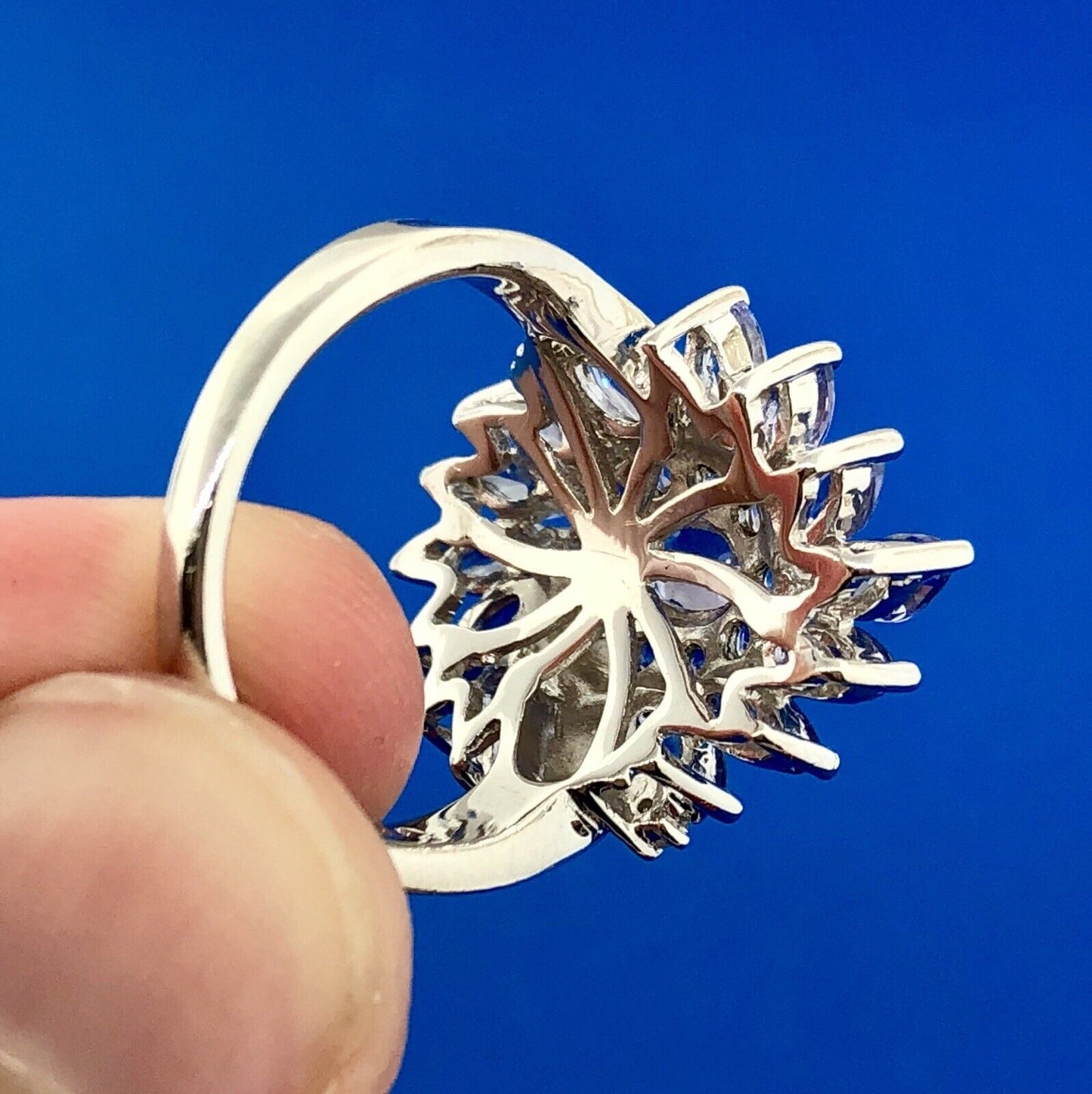 Stunning Designer JS 925 Sterling Silver Tanzanite Diamond Floral Cluster Ring