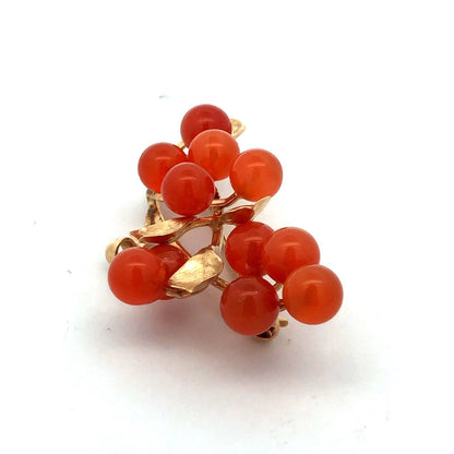 Estate 14K Yellow Gold Carnelian Bead Berry Vine Statement Brooch Pin Pendant