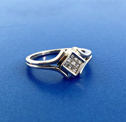 Modernist 14K White Gold Diamond Tension Set Princess Engagement Promise Ring