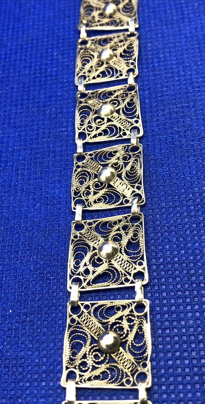 Vintage 925 Sterling Silver Beaded Filigree Delicate Square Panel Bracelet