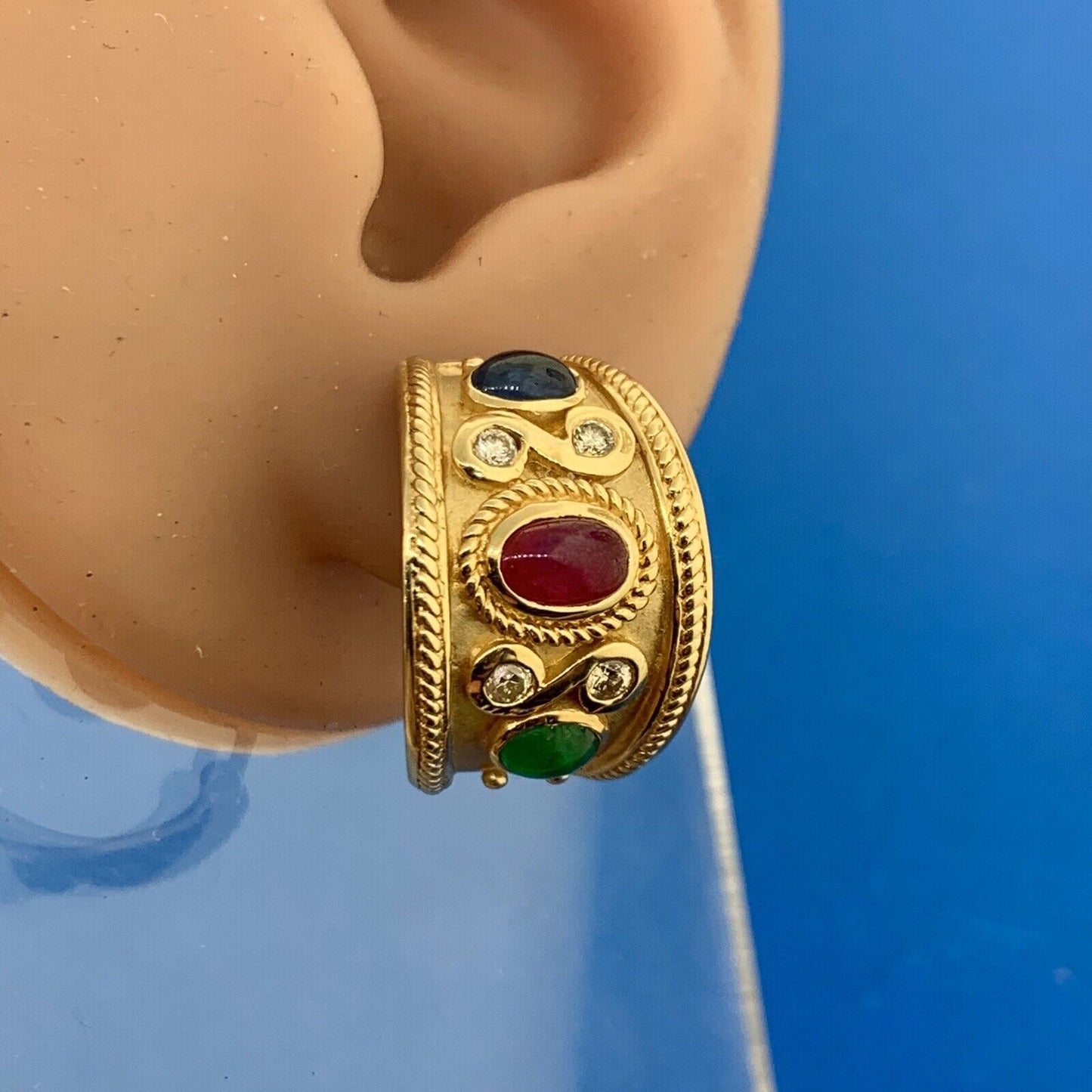 14K Yellow Gold Ruby Sapphire Emerald Diamond Statement Omega Back Earrings