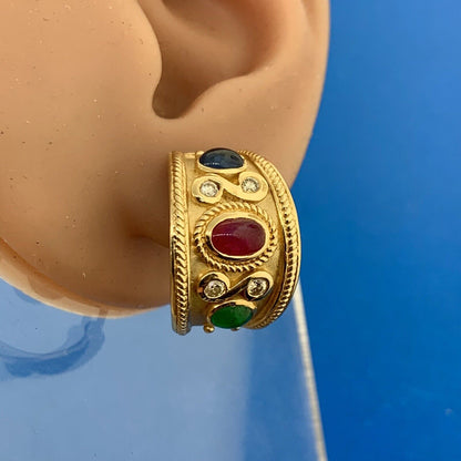 14K Yellow Gold Ruby Sapphire Emerald Diamond Statement Omega Back Earrings