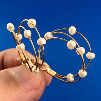 Estate JCM 14K Yellow Gold Pearl Station Three Wire Bridal Wedding Hoop Earrings