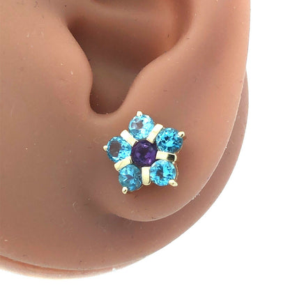 Estate 14K Yellow Gold Blue Topaz Amethyst Flower Statement Stud Earrings