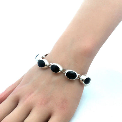 Vintage Taxco Mexico 925 Sterling Silver Oval Black Onyx Tennis Bracelet