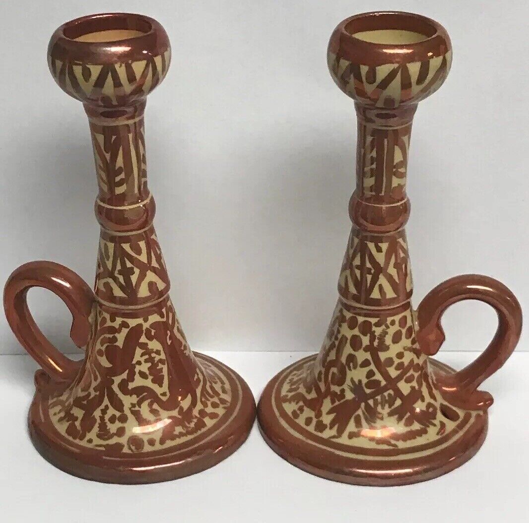 Spain Signed VC Pair Copper Metallic Glazed Hand Painted Handled Candle Holders