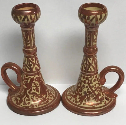 Spain Signed VC Pair Copper Metallic Glazed Hand Painted Handled Candle Holders