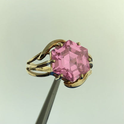 Gorgeous 10k Yellow Gold Faceted Hexagon Pink Ice CZ Modernist Ring Size 6