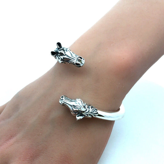 Designer 925 Sterling Silver Horse Head Equine Bypass Open Cuff Bracelet