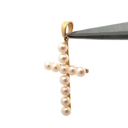 Designer 14K Yellow Gold Round White Pearl Cross Pendant