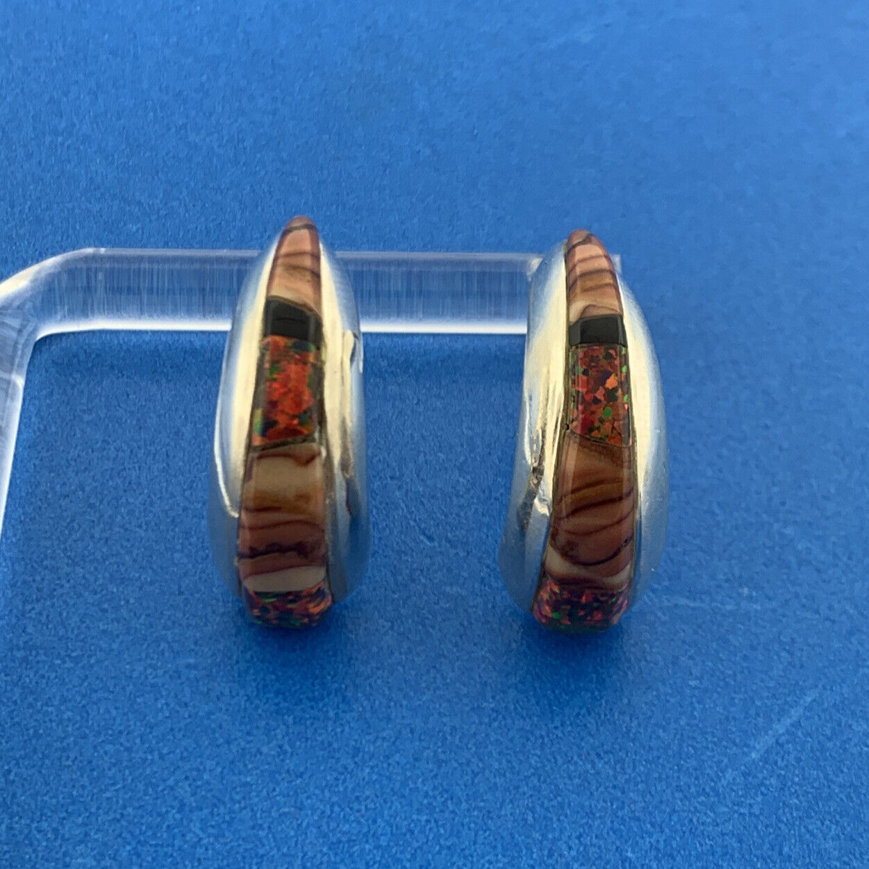 Native American 925 Sterling Silver Banded Agate Opal Inlay Half Hoop Earrings