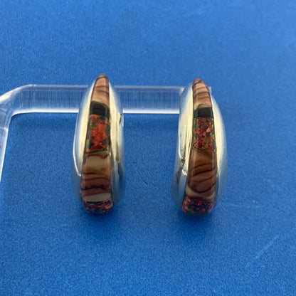 Native American 925 Sterling Silver Banded Agate Opal Inlay Half Hoop Earrings
