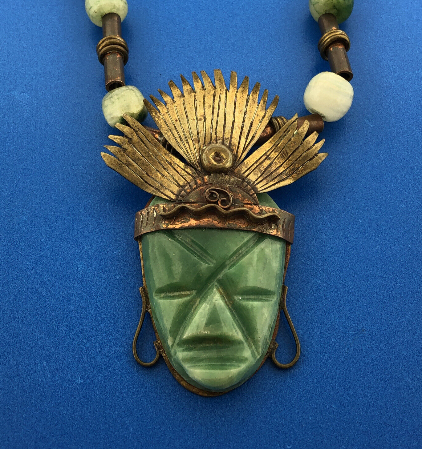 Casa Maya Mexico Brass Copper Jade South American Aztec Head 26" Tribal Necklace
