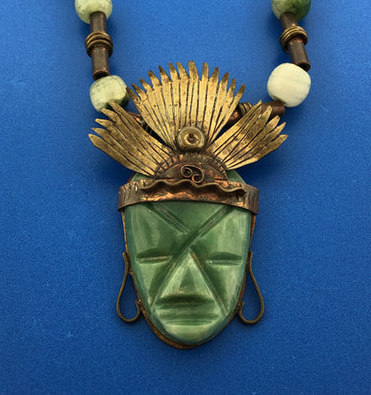 Casa Maya Mexico Brass Copper Jade South American Aztec Head 26" Tribal Necklace