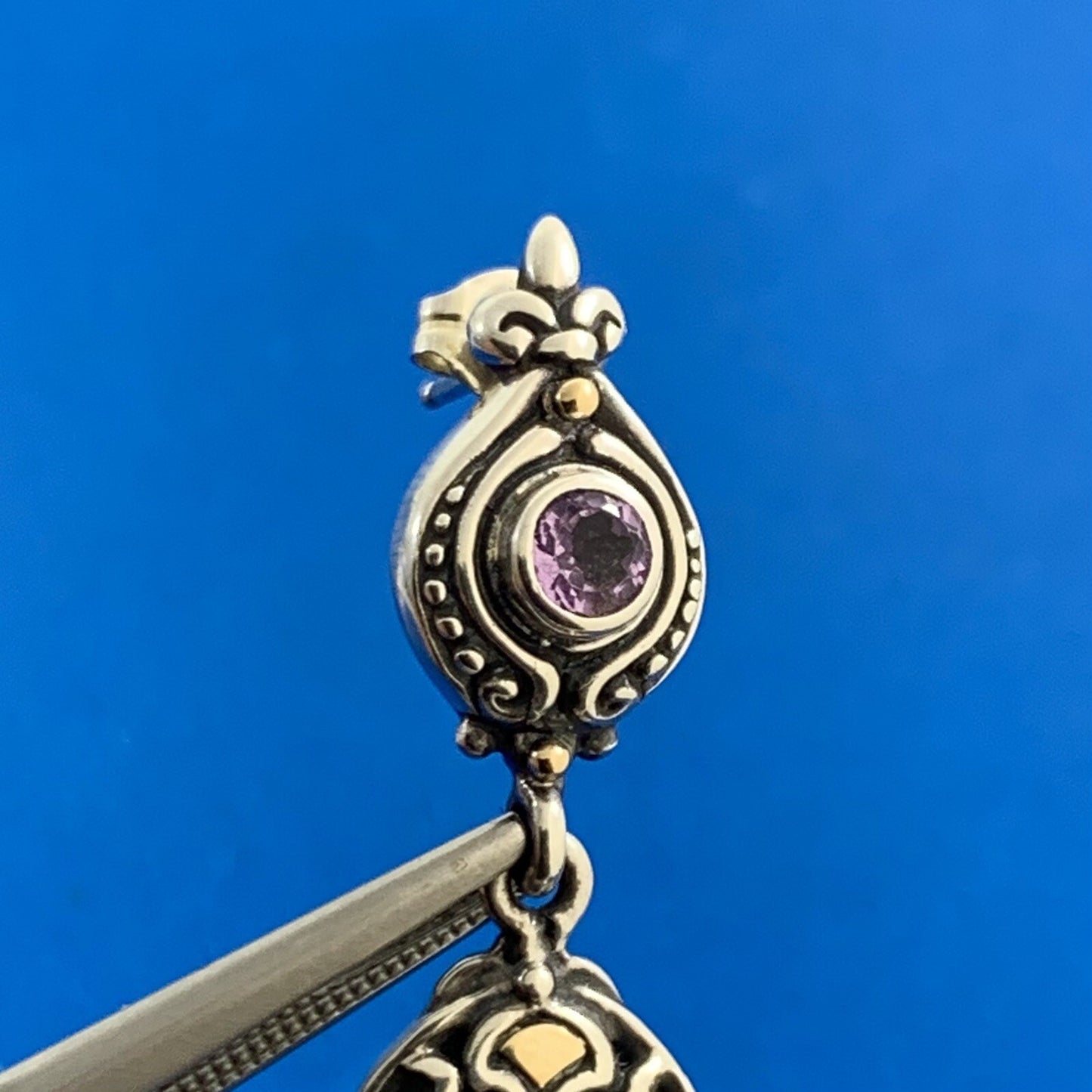 Designer 925 Sterling Silver 18K Yellow Gold Amethyst Drop Dangle Stud Earrings